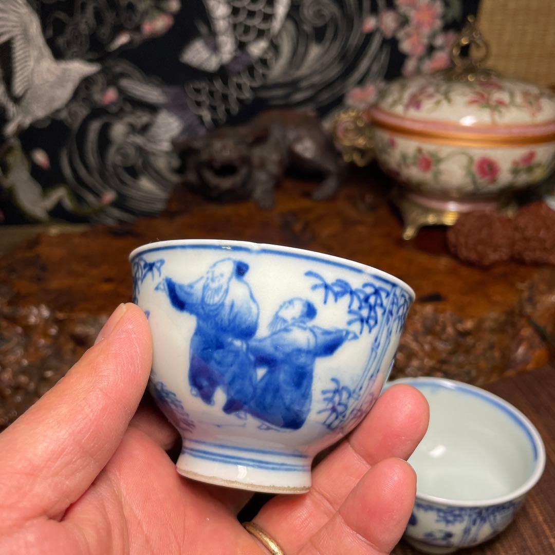 明治～大正時代　竹林七賢図茶碗２客　煎茶道具 青絵陶器茶碗2個セット