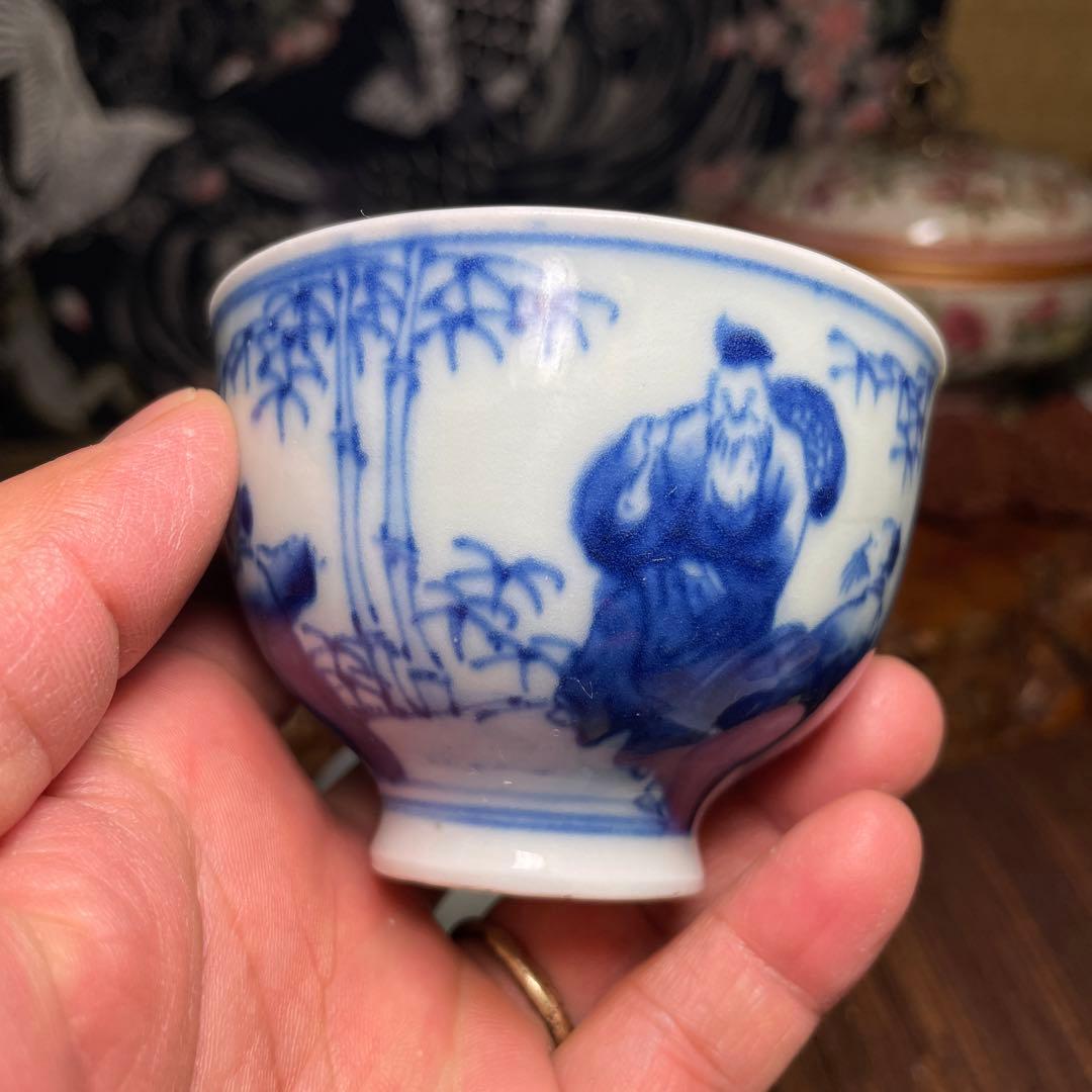 明治～大正時代　竹林七賢図茶碗２客　煎茶道具 青絵陶器茶碗2個セット