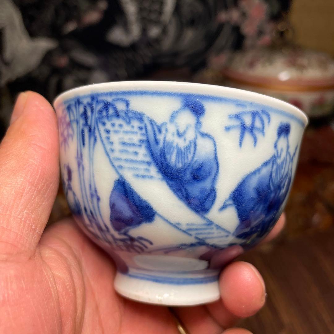 明治～大正時代　竹林七賢図茶碗２客　煎茶道具 青絵陶器茶碗2個セット