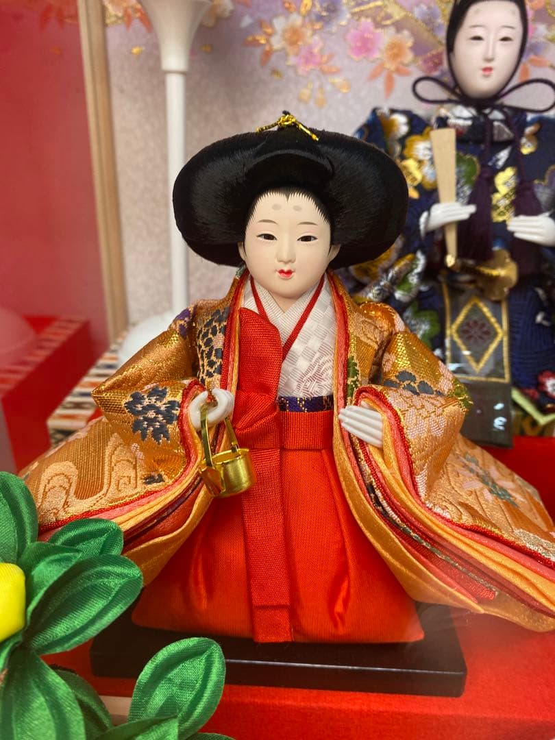 東京久月　雛人形五人飾りガラスケース檜造り・間口約５９×奥行約３４×高さ約４２㎝