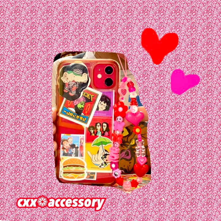 【s-90】ビーズストラップ スマホ❁ニコちゃん カラフル 個性的古着韓国