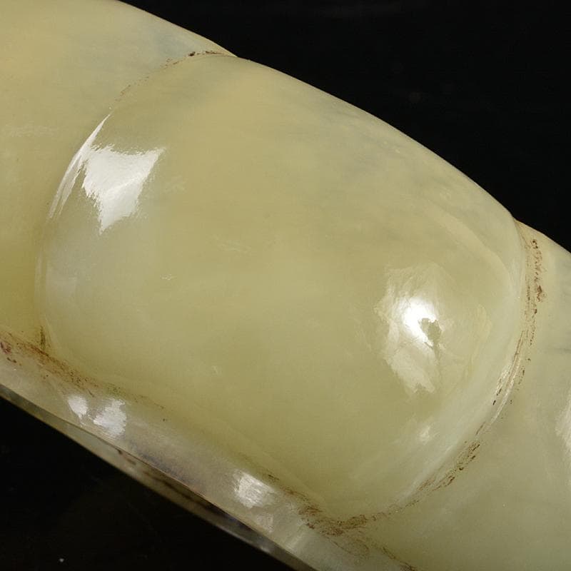 中国　玉石白玉彫刻　木瓜形水孟　筆洗　銅匙付　時代箱付　M　R6047