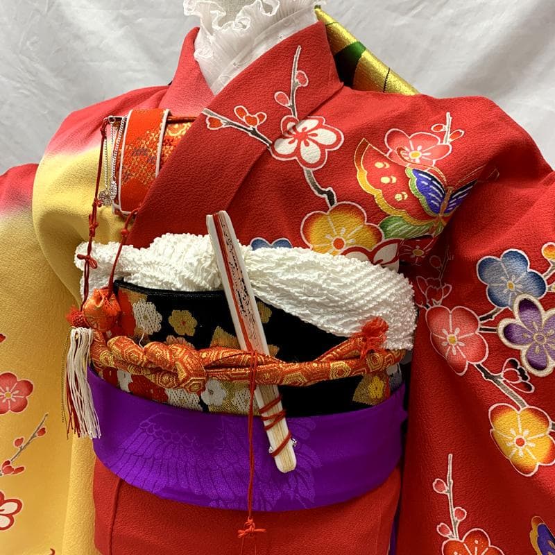 511ag15□七五三 七歳 女児 着物&袋帯 金彩 蝶 枝梅□状態良好