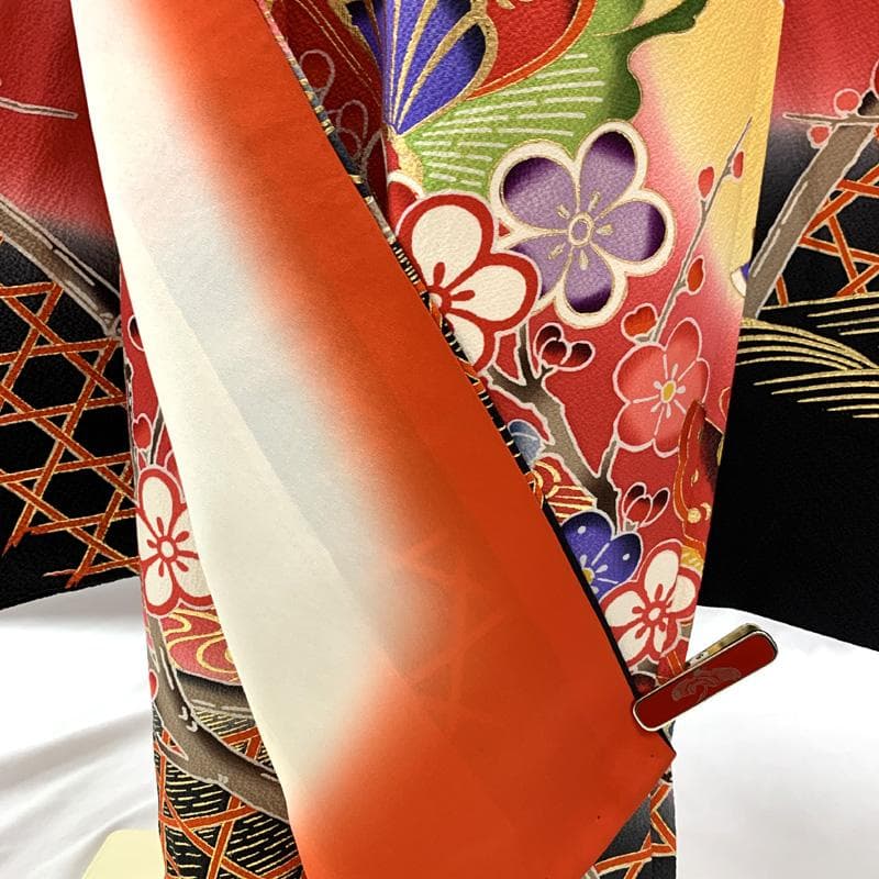 511ag15□七五三 七歳 女児 着物&袋帯 金彩 蝶 枝梅□状態良好