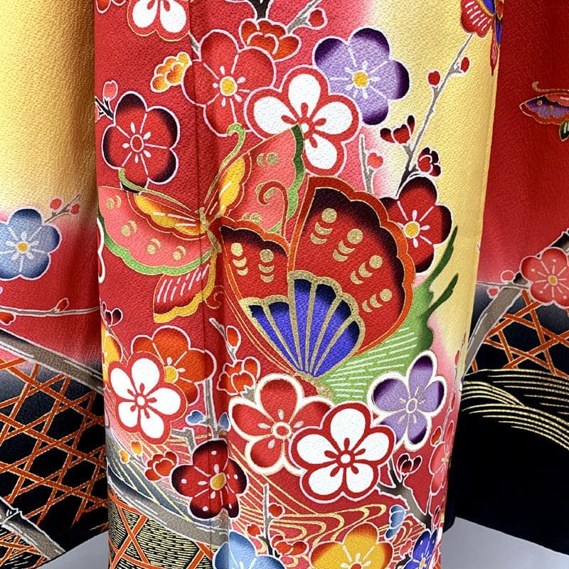 511ag15□七五三 七歳 女児 着物&袋帯 金彩 蝶 枝梅□状態良好