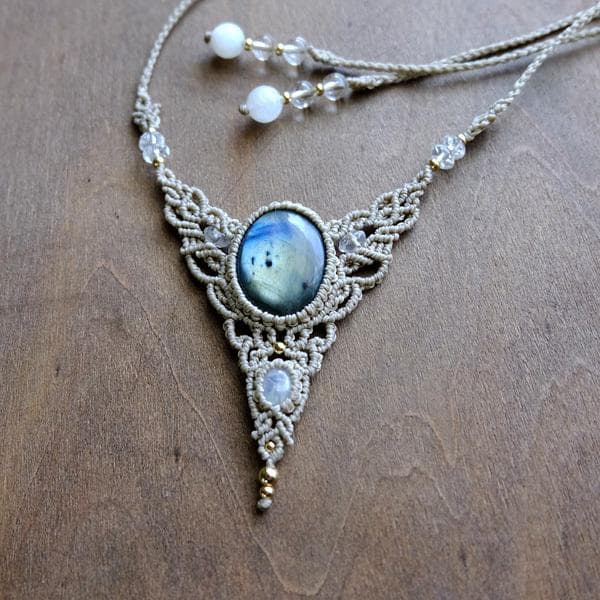 ラブラドライト・ムーンストーン マクラメ編みペンダントネックレス3554