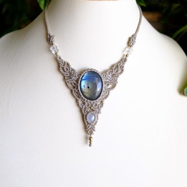 ラブラドライト・ムーンストーン マクラメ編みペンダントネックレス3554