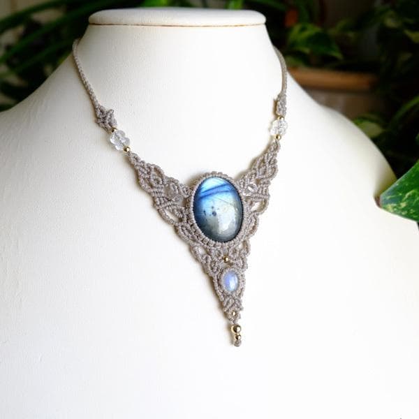 ラブラドライト・ムーンストーン マクラメ編みペンダントネックレス3554