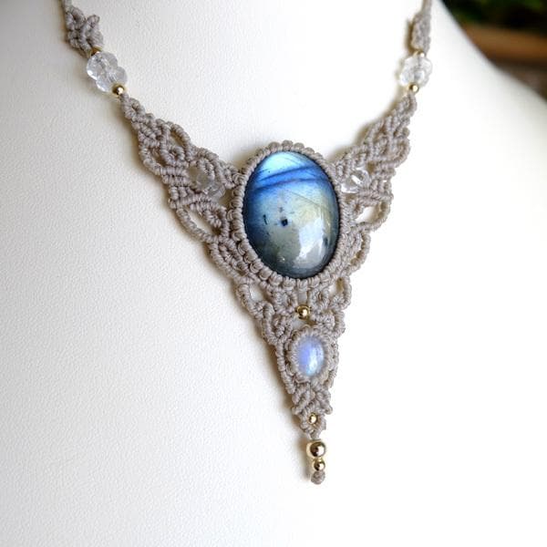 ラブラドライト・ムーンストーン マクラメ編みペンダントネックレス3554