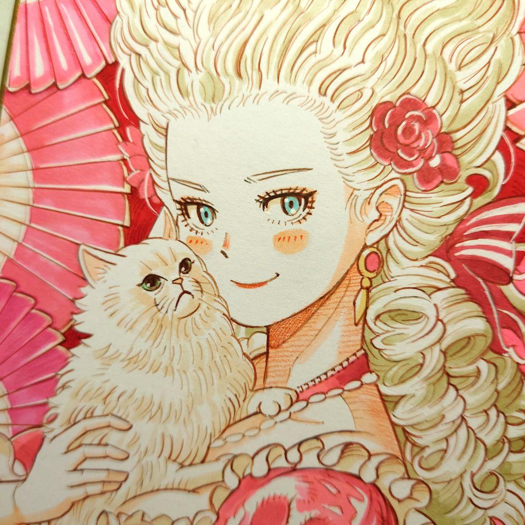 【手描きイラスト 061】オリジナル原画色紙 猫「マリー・アントワネットと愛猫」