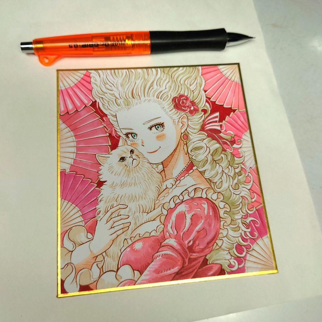 【手描きイラスト 061】オリジナル原画色紙 猫「マリー・アントワネットと愛猫」