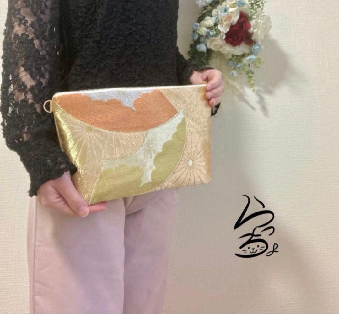 帯リメイク 菊に扇 クラッチバッグ