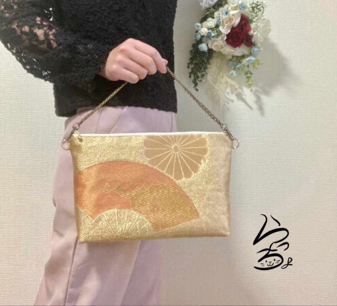 帯リメイク 菊に扇 クラッチバッグ