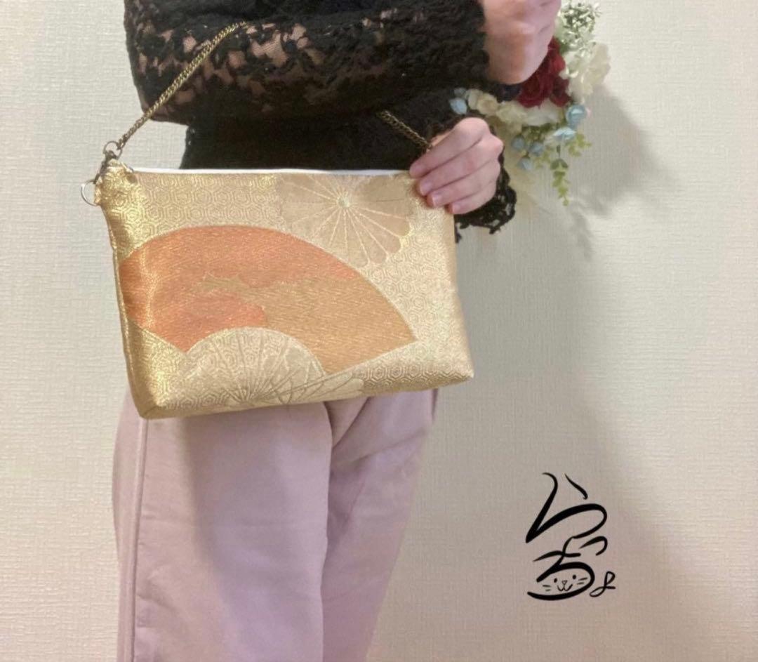 帯リメイク 菊に扇 クラッチバッグ