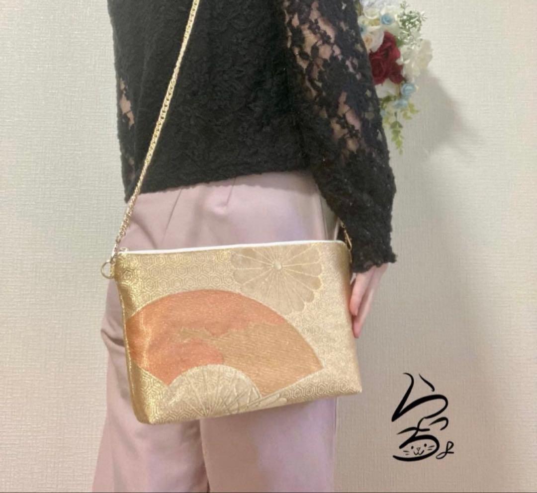 帯リメイク 菊に扇 クラッチバッグ