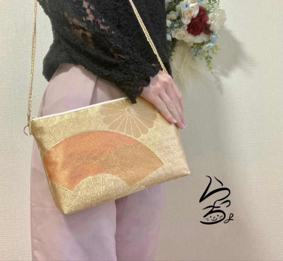 帯リメイク 菊に扇 クラッチバッグ