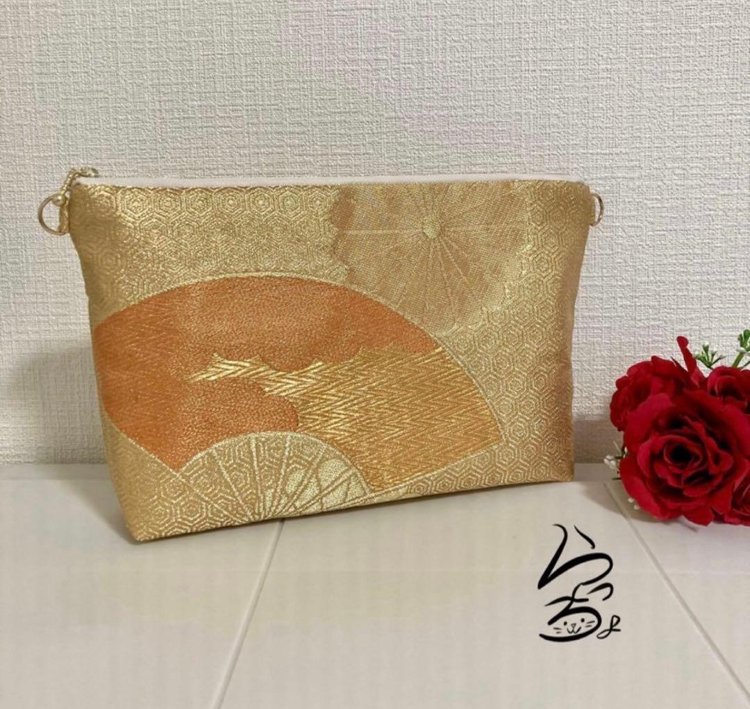 帯リメイク 菊に扇 クラッチバッグ