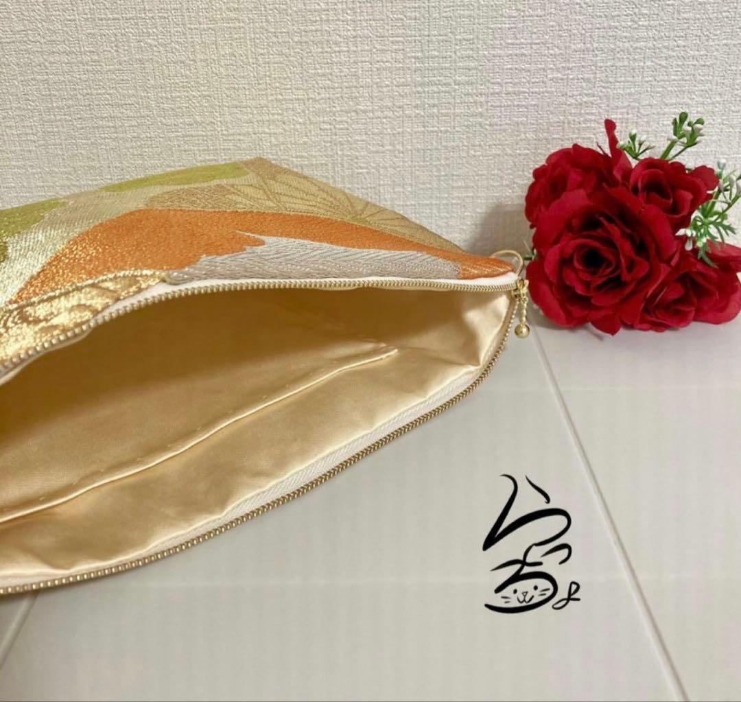 帯リメイク 菊に扇 クラッチバッグ