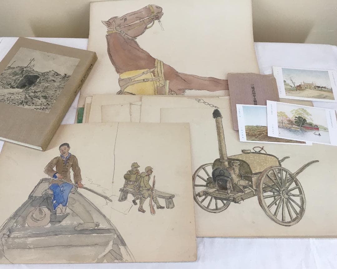 戦地の様子！[三橋武顕・中支戦跡・鉛筆画他]／鉛筆画(二十数枚)＋画集＋絵葉書