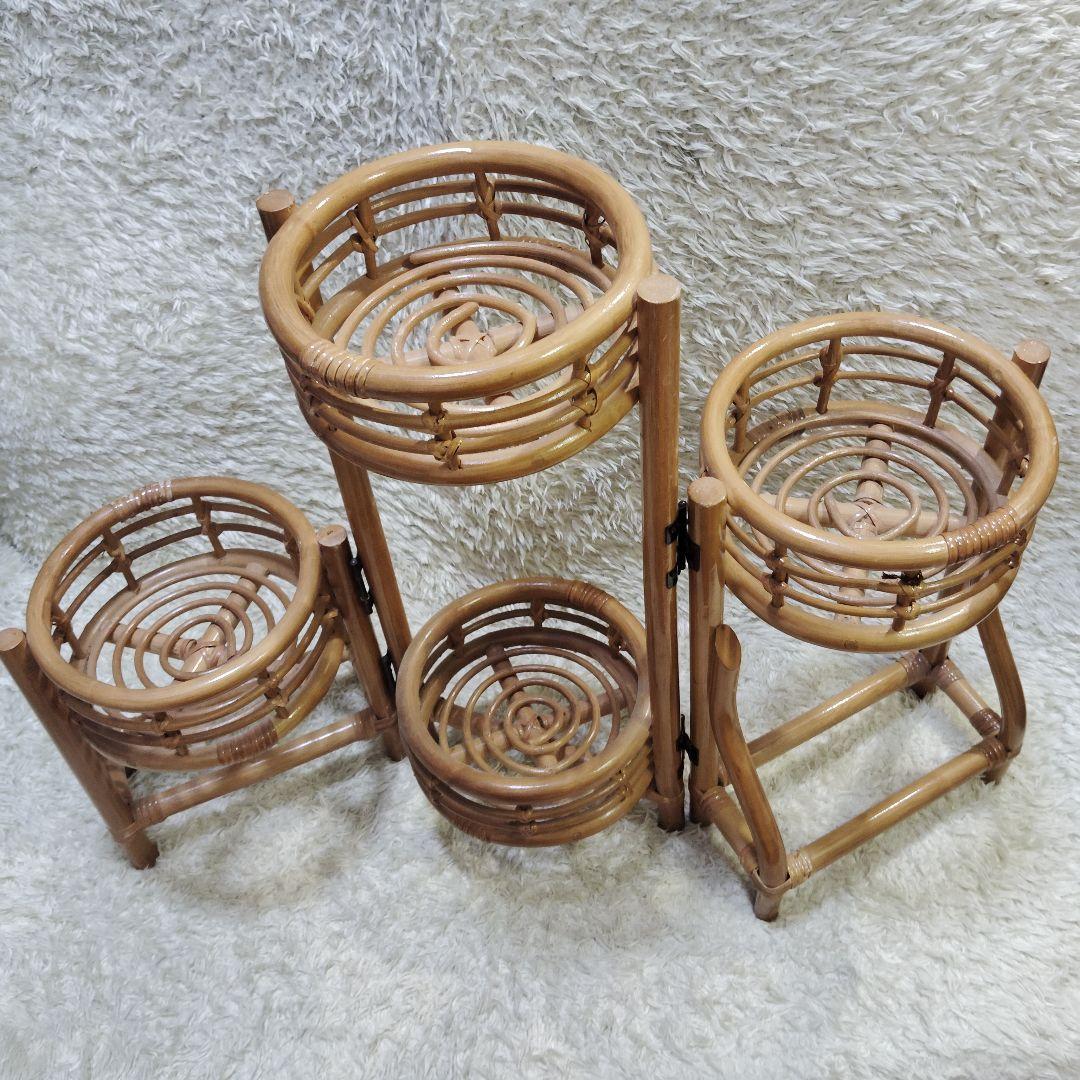 【良品】ラタン 花台 籐 3連 折りたたみ 高さ 62cm ヴィンテージ
