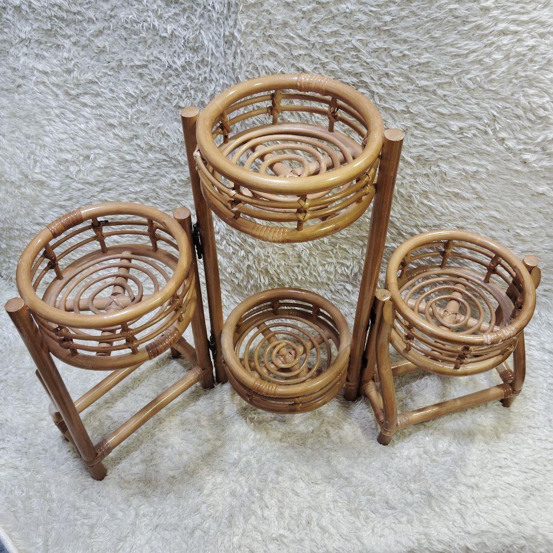 【良品】ラタン 花台 籐 3連 折りたたみ 高さ 62cm ヴィンテージ
