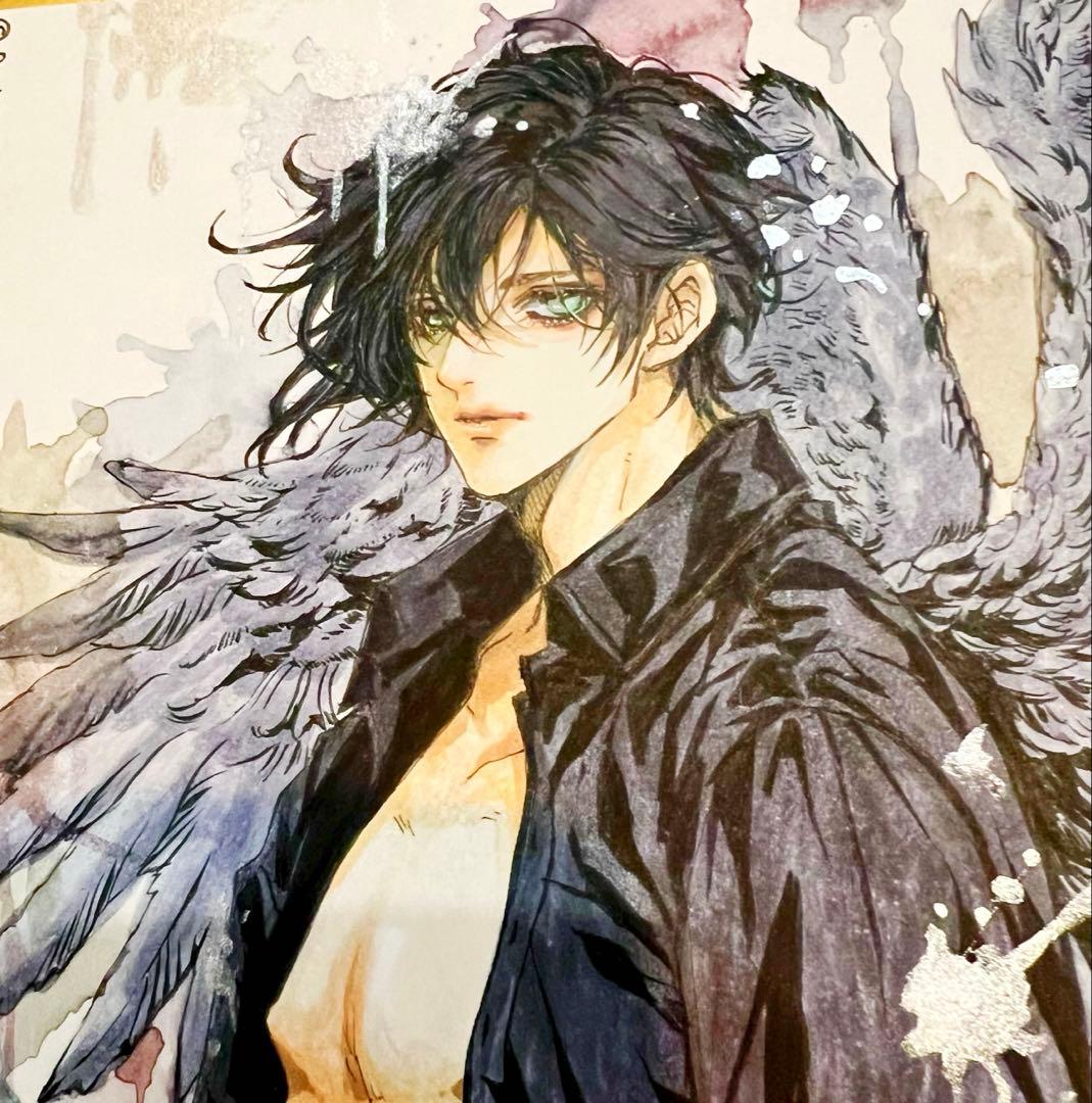 手描きイラスト オリジナル ミニ色紙 水彩画 乌鸦 創作男子
