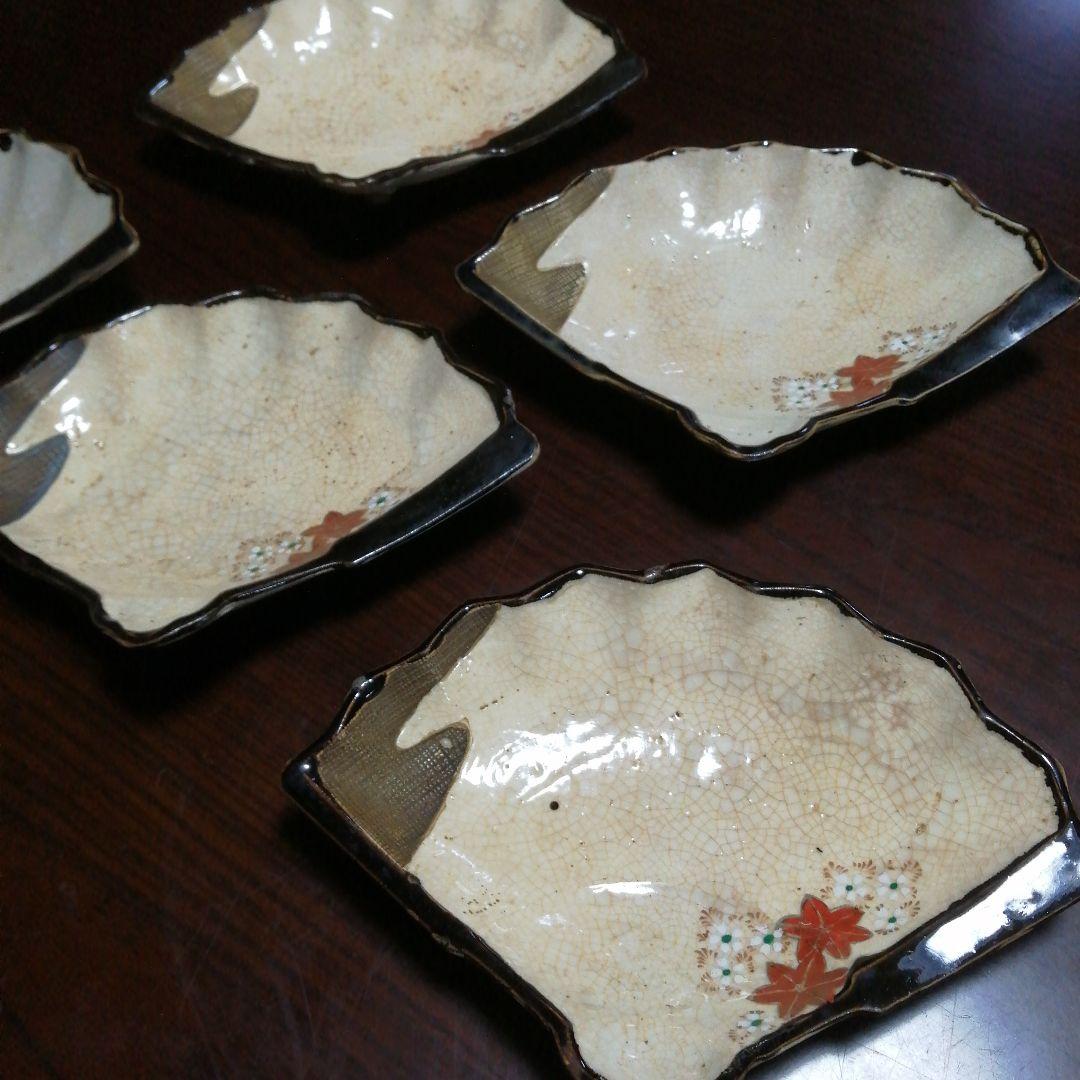 瀬戸焼　扇形向付皿　5客　23.5cm　明治〜大正期