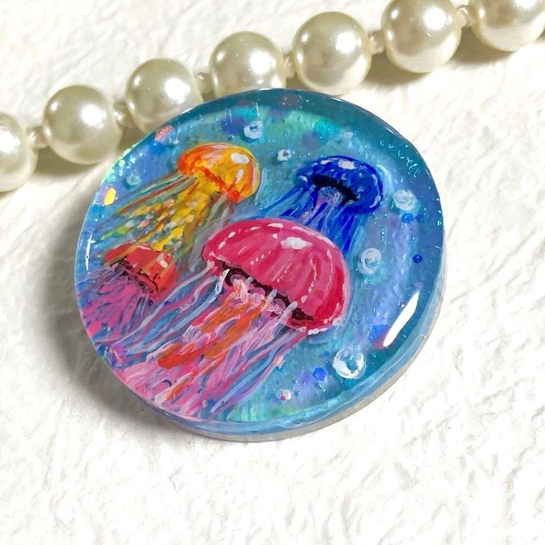 キラキラクラゲ(手描き♪)ヘアゴム ポニーフック　ブローチ　ペンダント