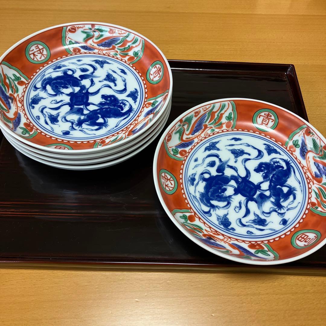 【未使用】たち吉　間取赤絵　獅子鳳凰丸紋　中皿　盛り皿　5P