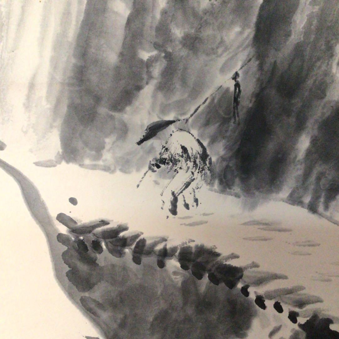 No3166掛軸　木村棲雲　山水画　雪渓帰猟図　肉筆紙本　合箱　古画　送料無料