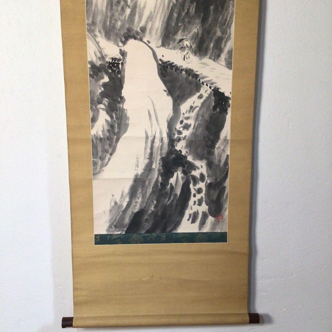 No3166掛軸　木村棲雲　山水画　雪渓帰猟図　肉筆紙本　合箱　古画　送料無料