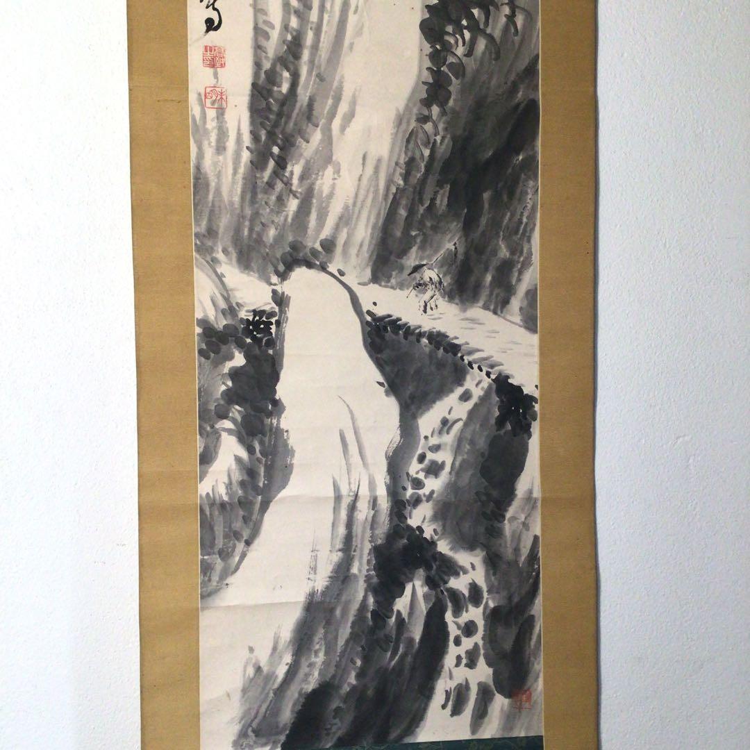 No3166掛軸　木村棲雲　山水画　雪渓帰猟図　肉筆紙本　合箱　古画　送料無料