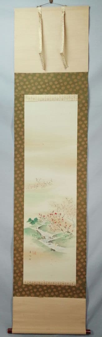 【茶道具】須磨夏郷(須磨対水息子)筆「松竹梅山水図」　茶掛　待合掛け　軸B902