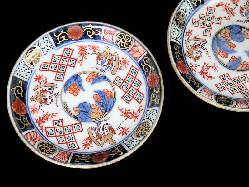 古伊万里　金襴手　烏帽子に紅葉の図　豆皿　手塩皿　２枚　E201AS-CPw