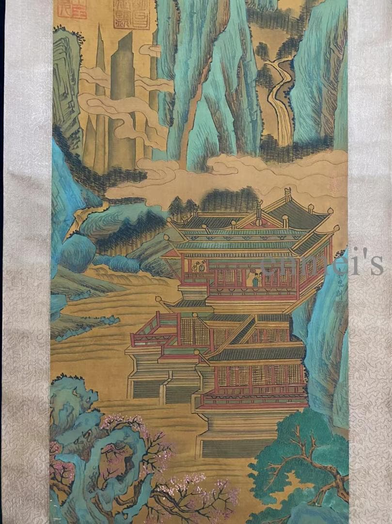 中国古美術 唐代李思訓款 山水図 掛軸 絹布 肉筆 唐物 書道 古画 收藏逸品