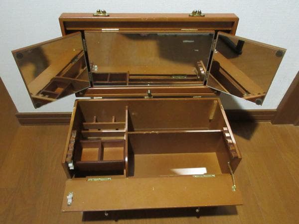 木製コスメメイクボックス三面鏡化粧箱ドレッサーアンティークヴィンテージ昭和レトロ