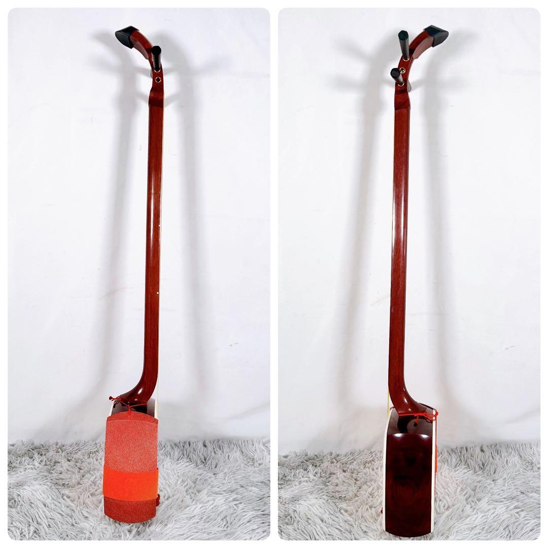 【良品】長唄三味線　中棹　花梨　　丸打胴　本皮　皮破れなし　天神欠けなし　合金