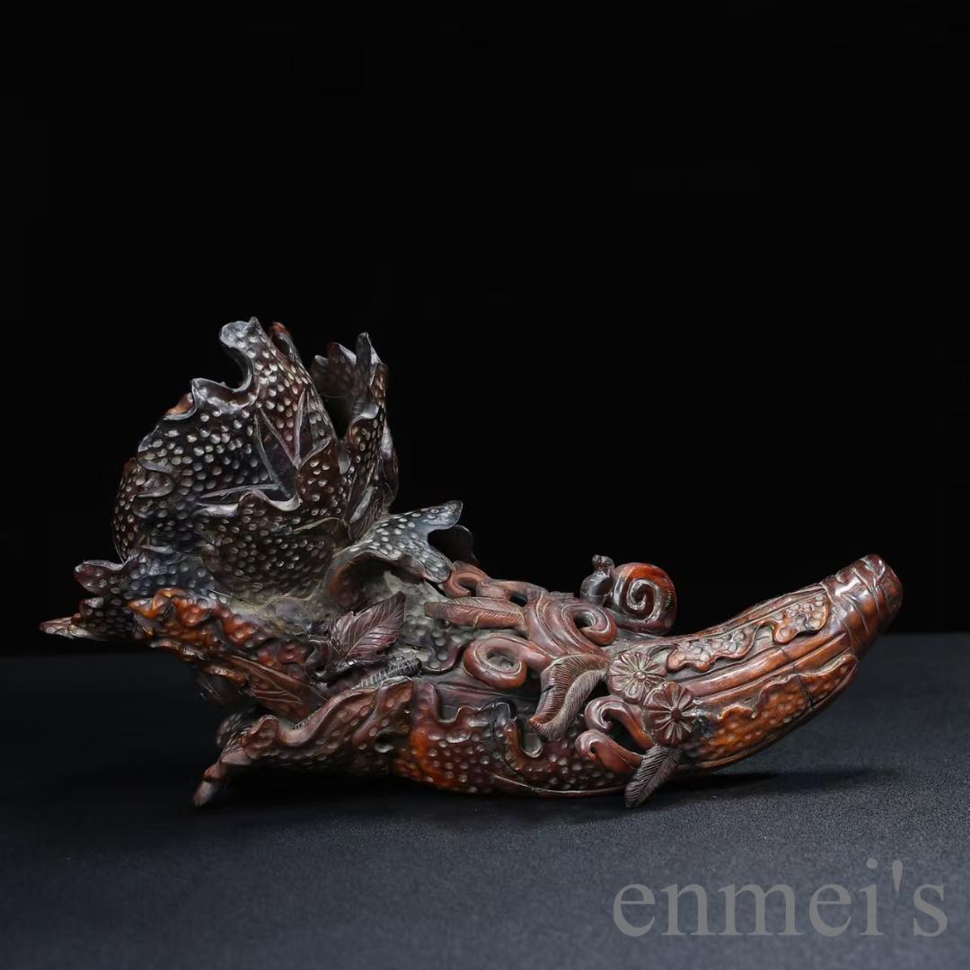 中国古美術『珍藏 牛角彫刻 百財白菜置物』彫刻美術 極細工 古玩 骨董 古美味