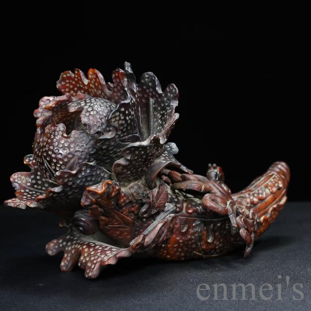 中国古美術『珍藏 牛角彫刻 百財白菜置物』彫刻美術 極細工 古玩 骨董 古美味