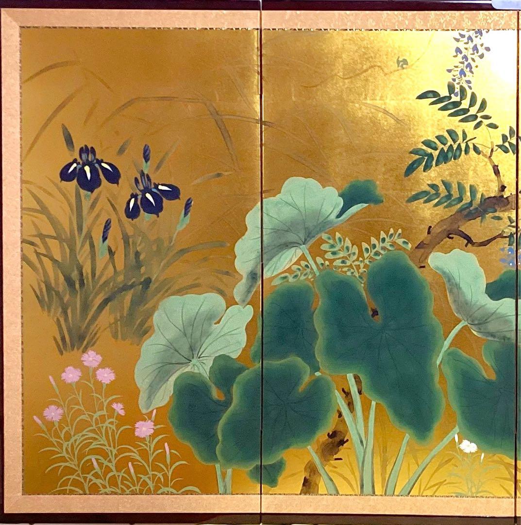 四つ折り屏風　日本画　金箔彩色　『藤に大葉』