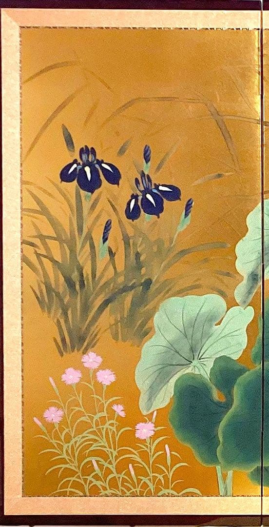 四つ折り屏風　日本画　金箔彩色　『藤に大葉』