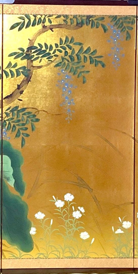 四つ折り屏風　日本画　金箔彩色　『藤に大葉』