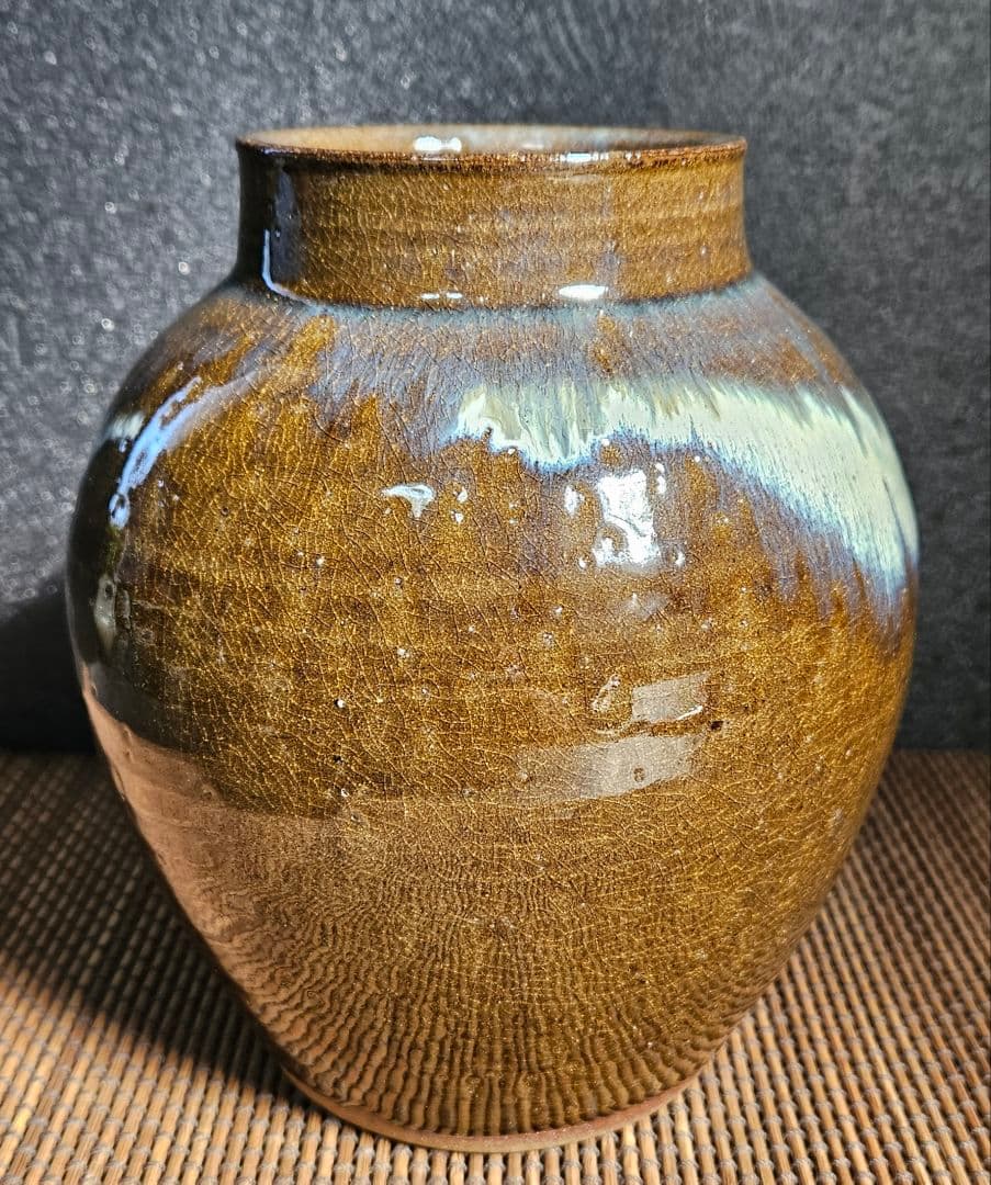 熊本　小代焼　伝統工芸士　井上泰秋作 小代海鼠釉　壺　花入れ　陶器　共箱　茶道具