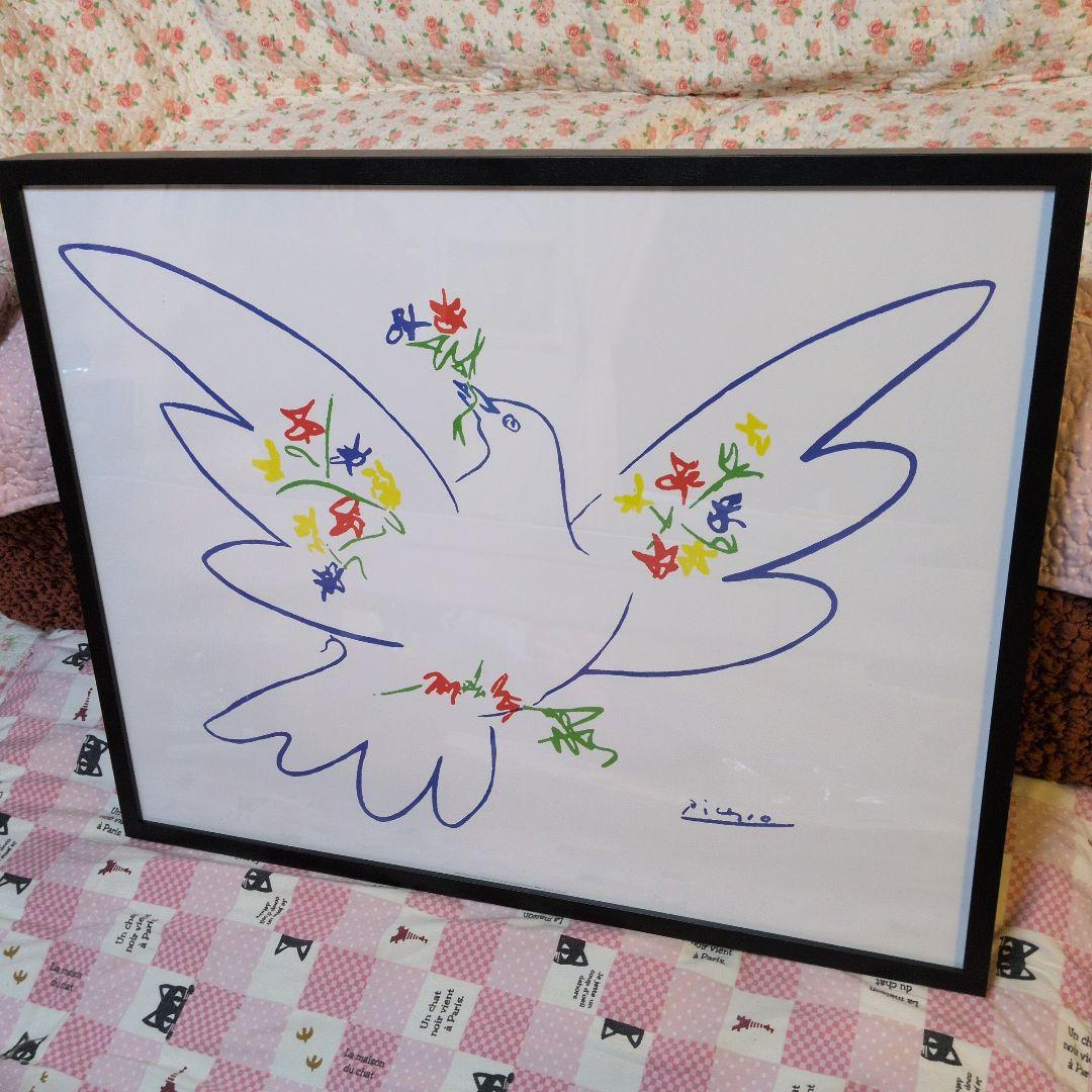 ピカソアート フレーム ハナトハト 花と鳩の線画アート 約70x 55cm 木枠