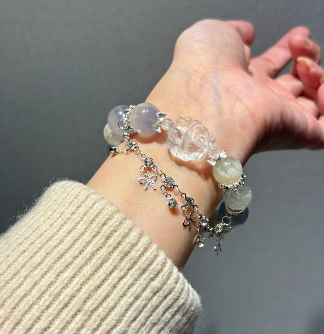 白水晶九尾の狐 フローライト ホワイトガーデンクォーツ ブレスレット 天然石