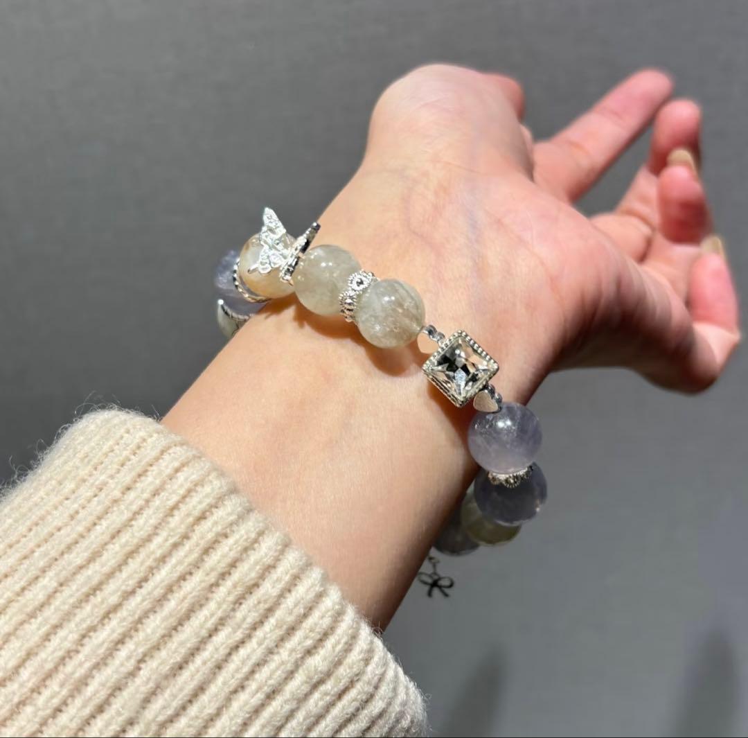 白水晶九尾の狐 フローライト ホワイトガーデンクォーツ ブレスレット 天然石