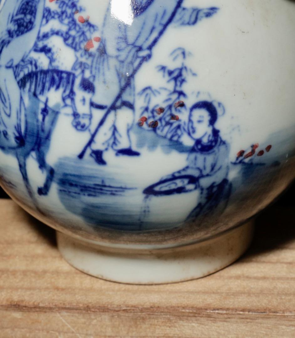 中古 青花 釉里紅 人物図 鹿耳小瓷尊 小壺 中国美術 CL0037