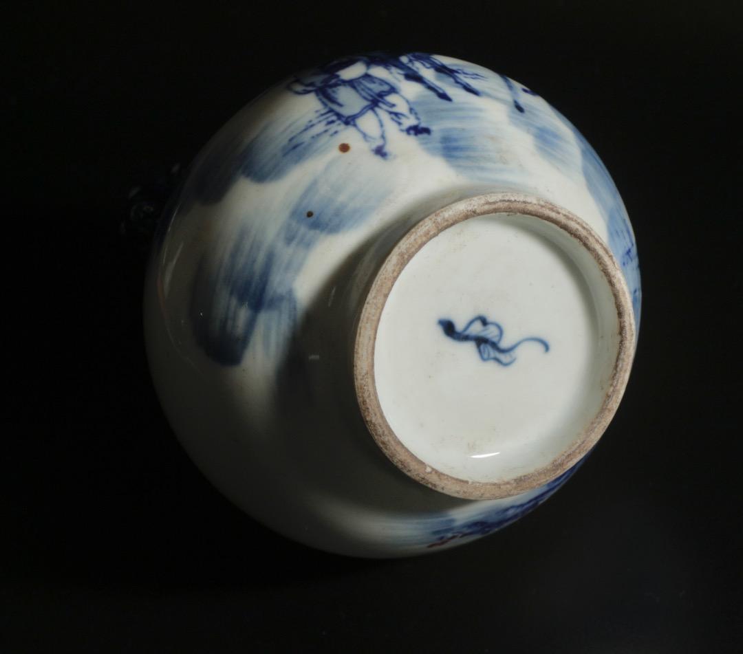 中古 青花 釉里紅 人物図 鹿耳小瓷尊 小壺 中国美術 CL0037