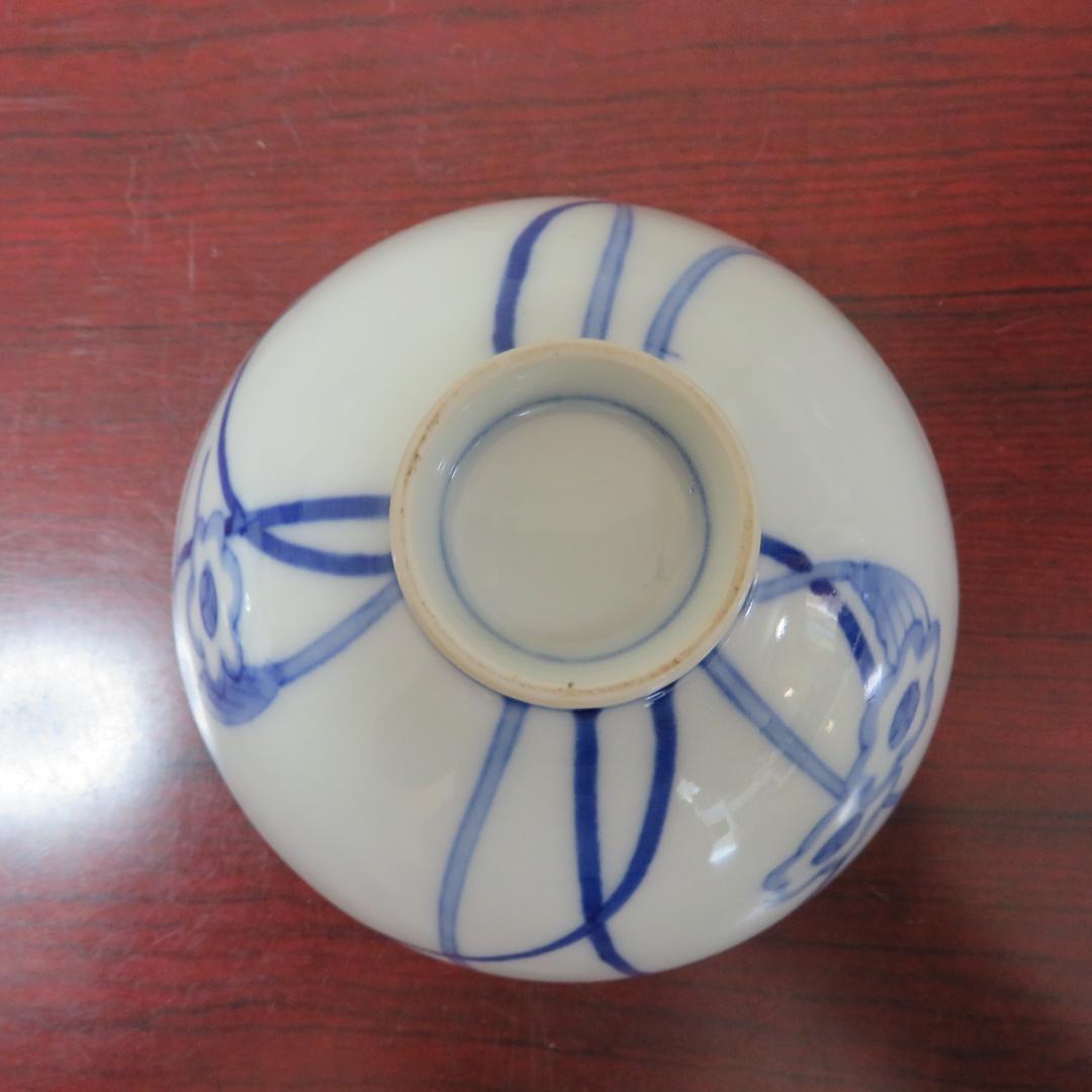 蓋物 染付 草花文様 5客 角倉 明治 窯傷 シンプル 繊細