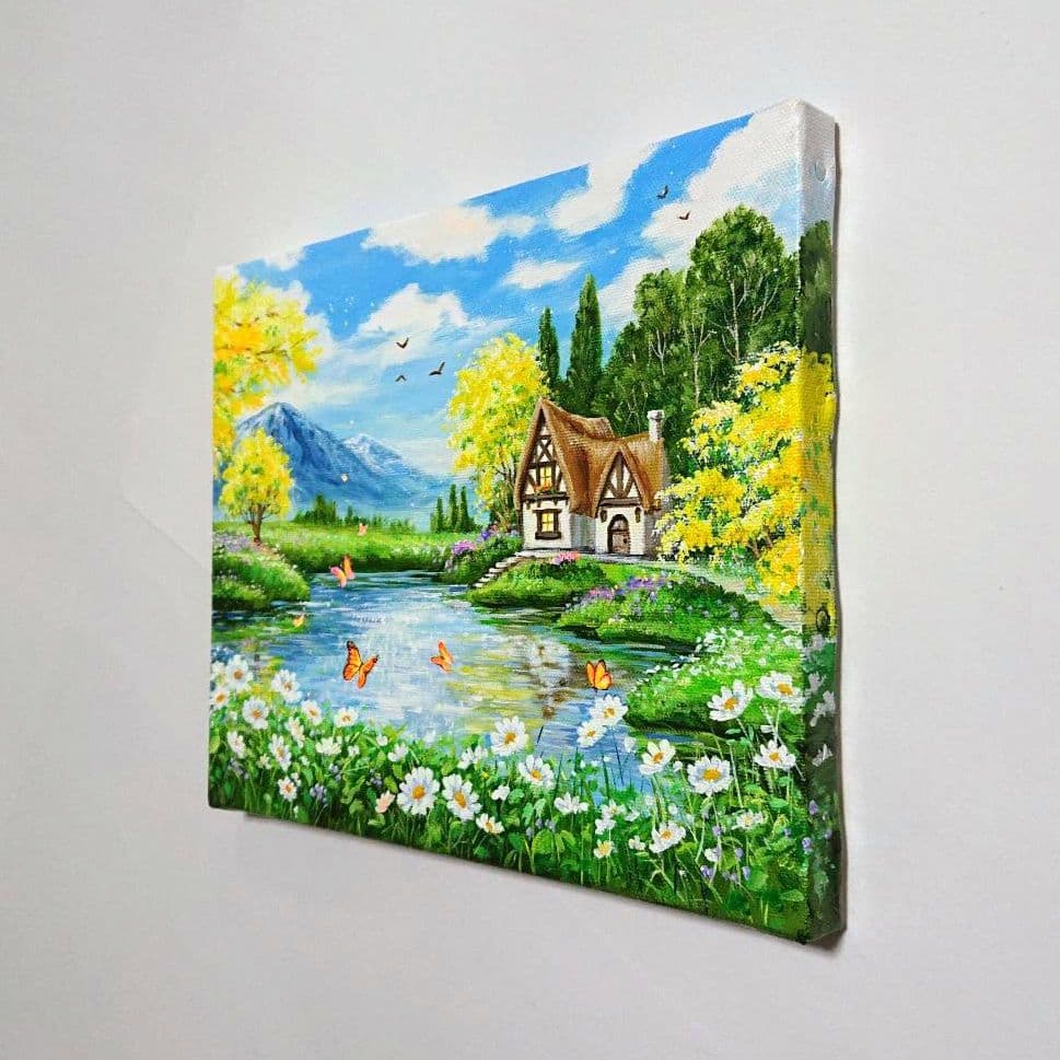 【ミモザが咲く頃】アクリル画 F3 風景画 絵画